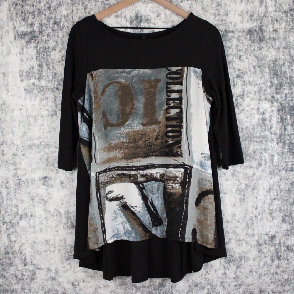 IC By Connie K Collection Top Women's Small Tunic Black Gray Abstract Blouse